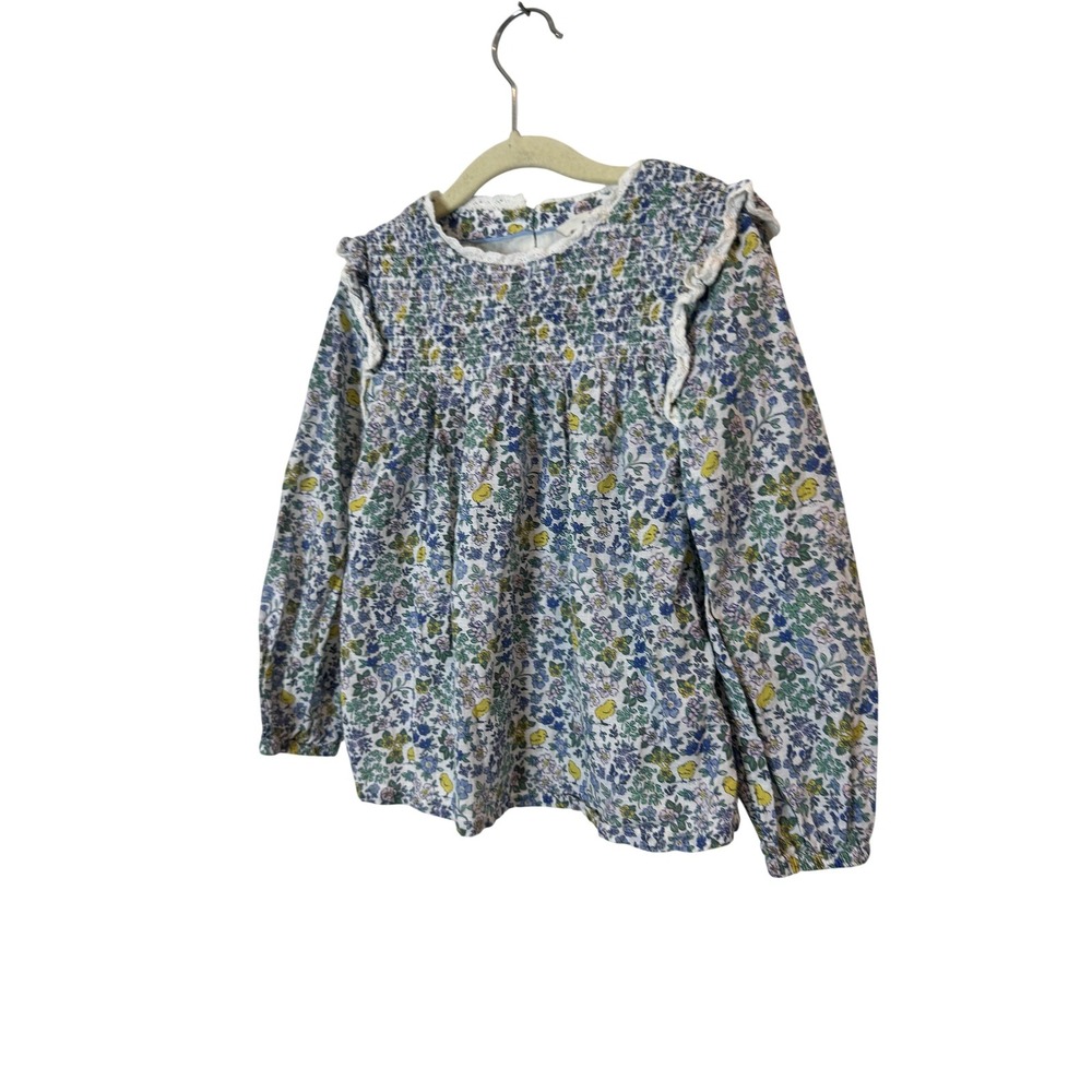 Mini Boden Blouse Girls 6-7Y Multicolor Floral Ruffle Long Sleeve Woven Top